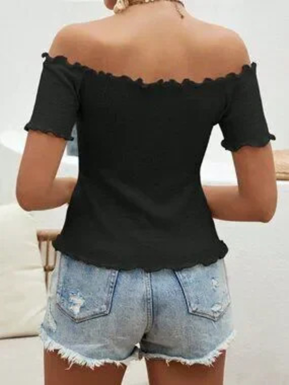 ZARA Women's Off Shoulder Lettuce Trim Tee